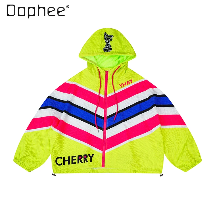 

Colorful Letter Stripe Casual Jacket 2025 Spring Summer New Color Block Pattern Hooded Sports Sun Protection Jacket for Women