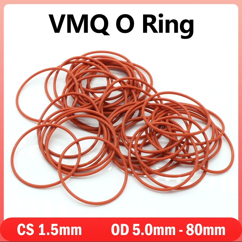 

10/50pcs VMQ Red Silicone O-Ring Thickness CS 1.5mm OD 5mm ~ 80mm Food Grade Sealing Ring Waterproof & Insulated Gasket Washer