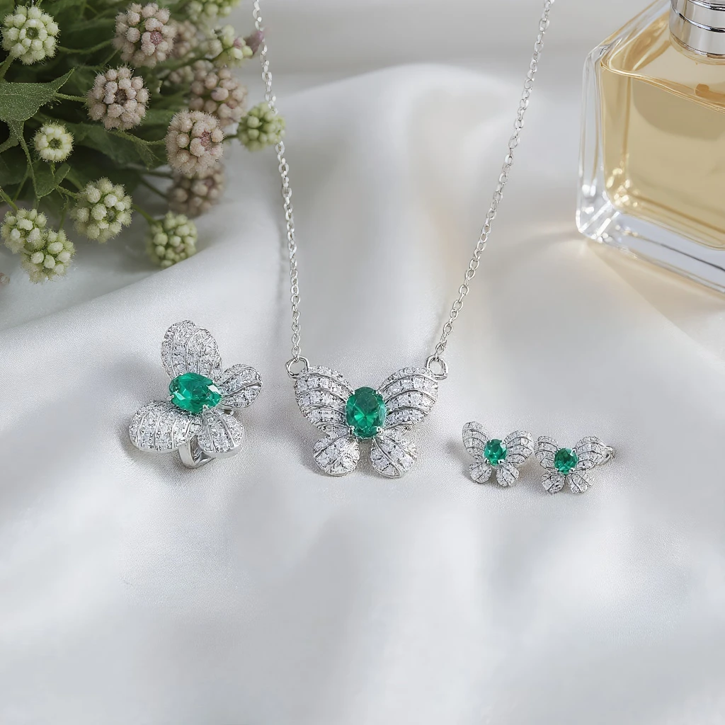 

4pcs Elegant Vintage Jewelry Set for Women Emerald Butterfly Necklace Shiny Crystal Choker Bridal Wedding Earrings Party