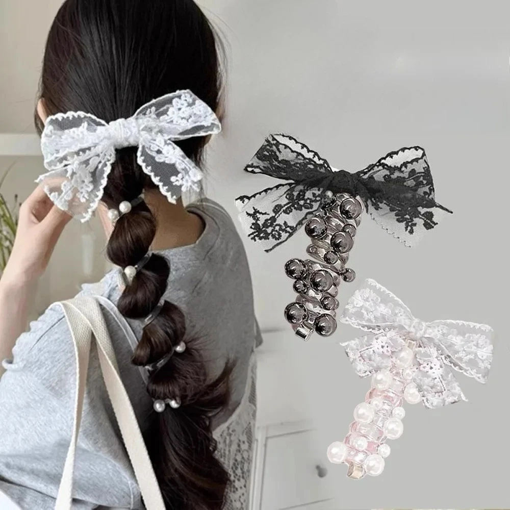 Lace Bow Bead Bubble Braid Hair Braiding Tool Elastic Hair Ties with Beads Side Ponytail Hair Ornament Styling Accessory Girls