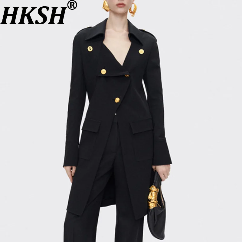 

HKSH Autumn New Women Chic Blazer Long Sleeve Pockets Button Decorate Slimming Elegant Fashion Office Lady Tide Long Coat HK9875