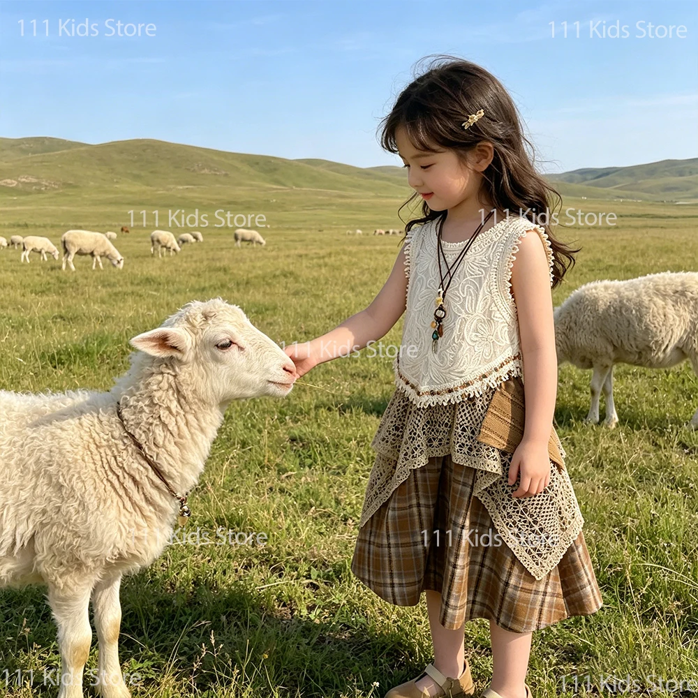 2026 New Style Kids Girls Bohemian Ethnic Style Sets for Children Vintage Costume Vest and Skirt Summer Dress up Birthday Gifts