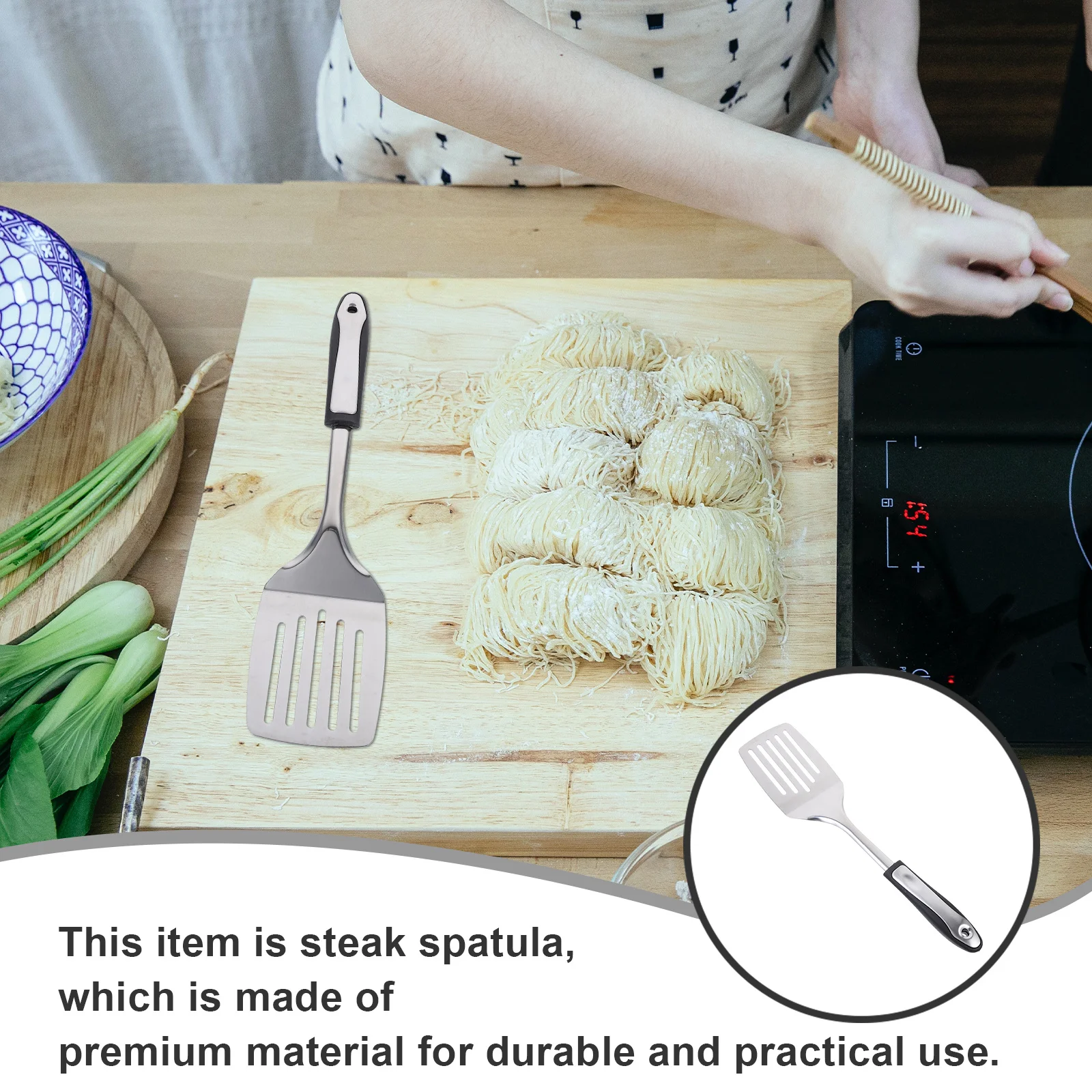 1 Buah Spatula Steak Premium Stainless Steel dengan Lubang untuk BBQ, Perlengkapan Dapur Rumah dan Restoran, Pegangan Anti Selip, Dapat Digantung