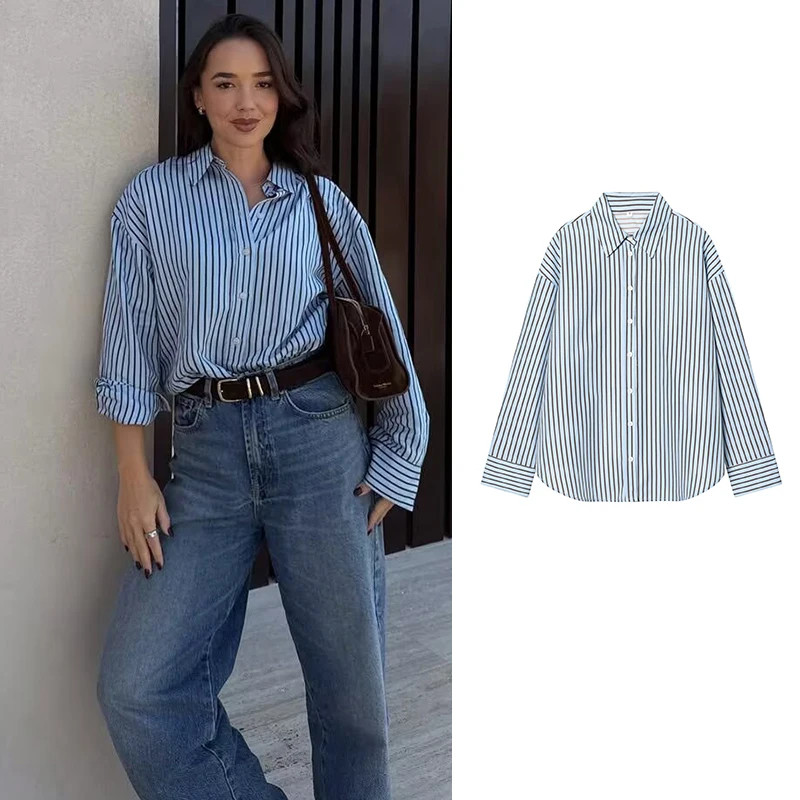 

Женские полосатые рубашки и блузки Весна 2026: Новая модная коллекция, свободные блузки с длинным рукавом, топы для уличного стиля, молодежные универсальные рубашки для отпуска