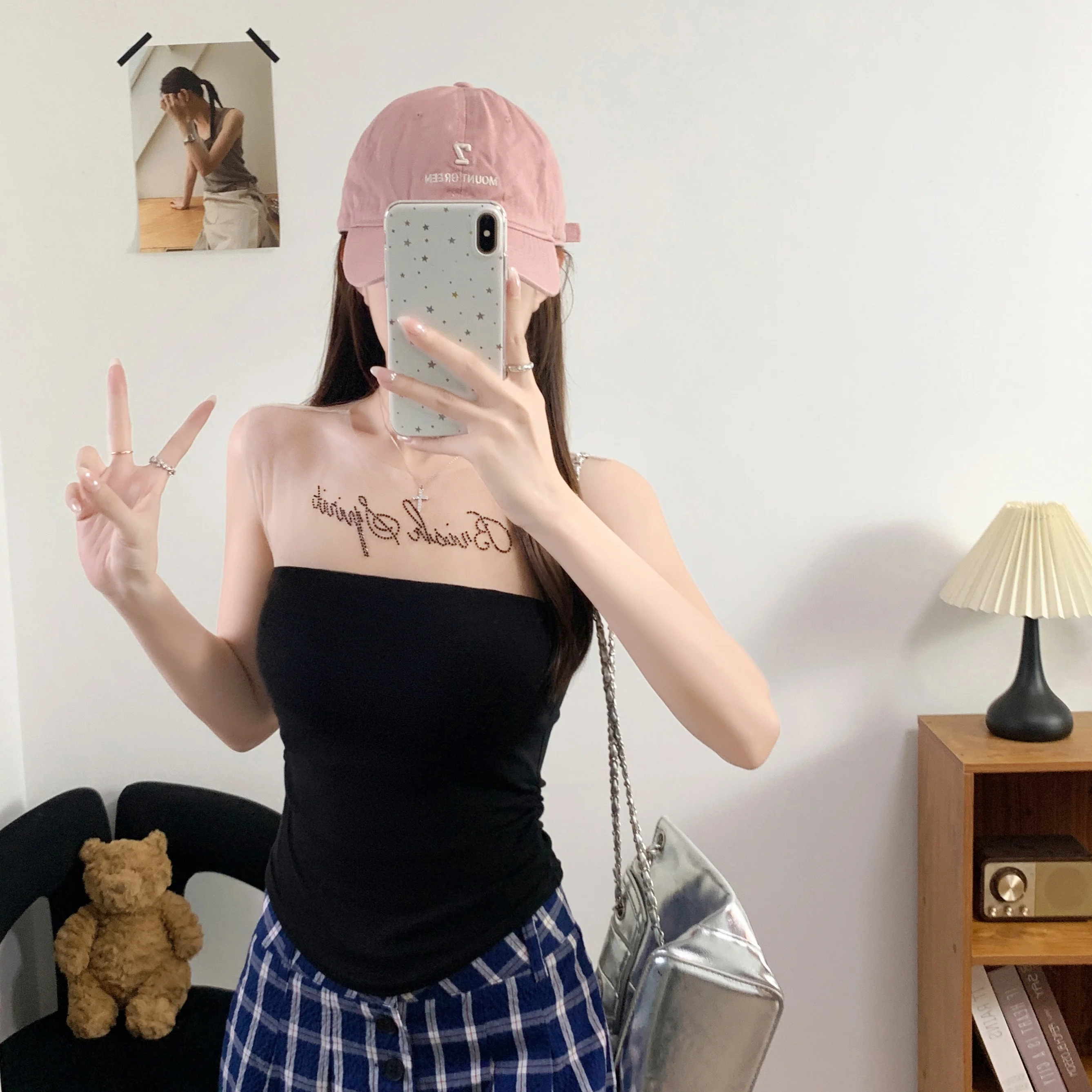 Summer New Style Spicy Girl Mesh Sequin Letter Splice Pleated Vest Women's Slim One-Piece with Chest Pad Top U-Neck Short Length