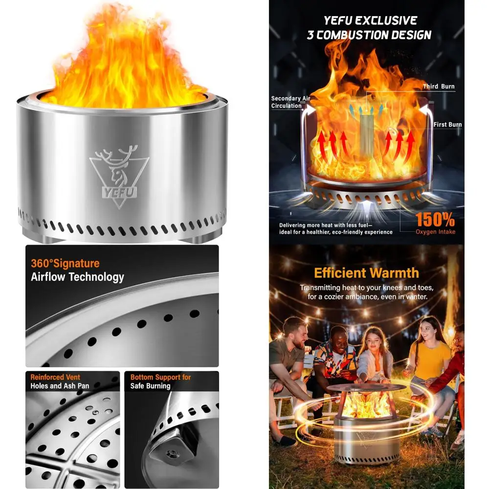 

YEFU Smokeless Outdoor Fire Pit - 27 Inch Silver 304 Stainless Steel with Removable Ash Pan