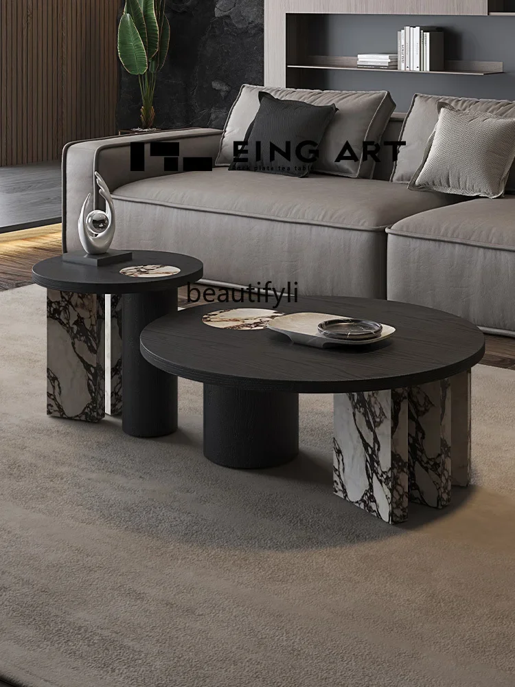 Italian Minimalist Bulgari Stone Plate round Tea Table Designer High-Grade Black Solid Wood round Coffee Table  furniture