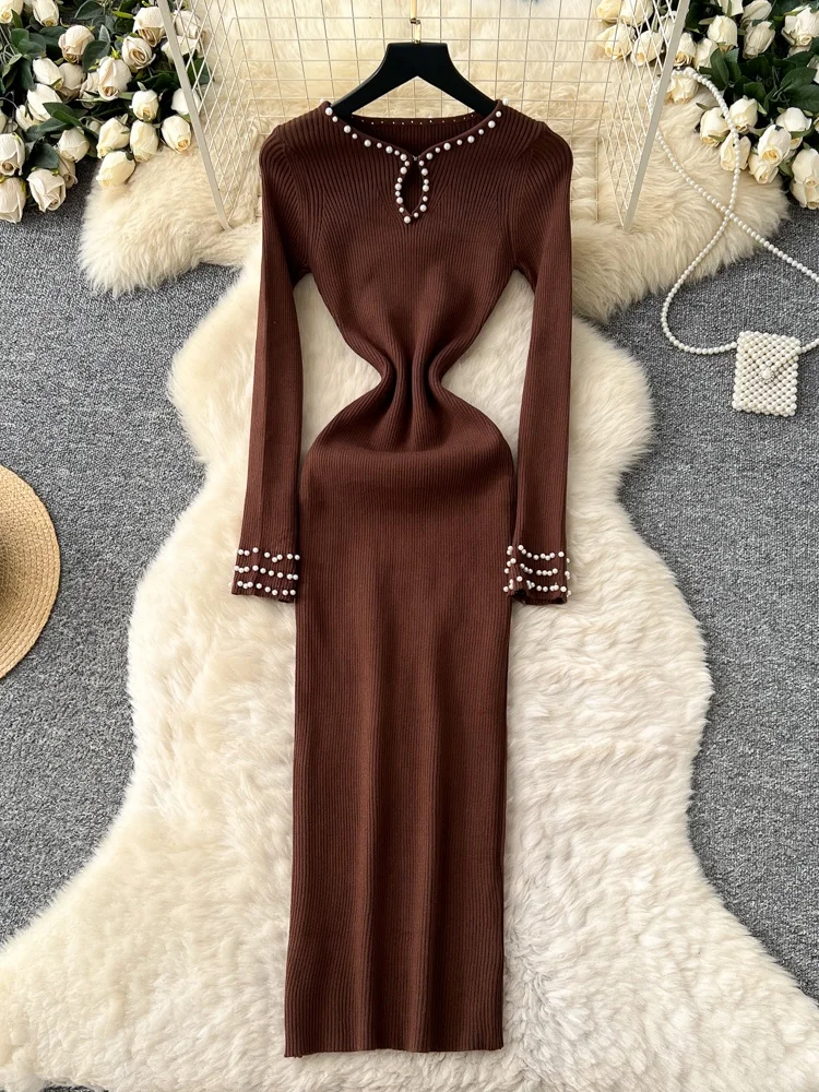 Ele Heavy Beaded Lungo Sve lavorato a maglia Dr Donna Autunno Inverno Dimagrante Base Layer Maglione Dr Gonna a trapezio a vita alta