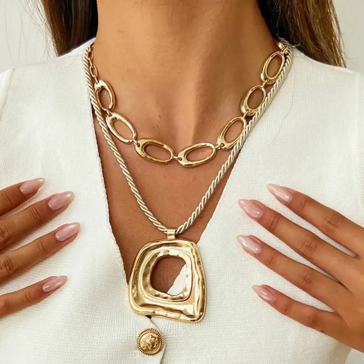 

KunJoe New Trendy Hollow Square Geometric Pendant Necklace Set for Women Simple Adjustable Rope Chain Choker Necklace Jewelry