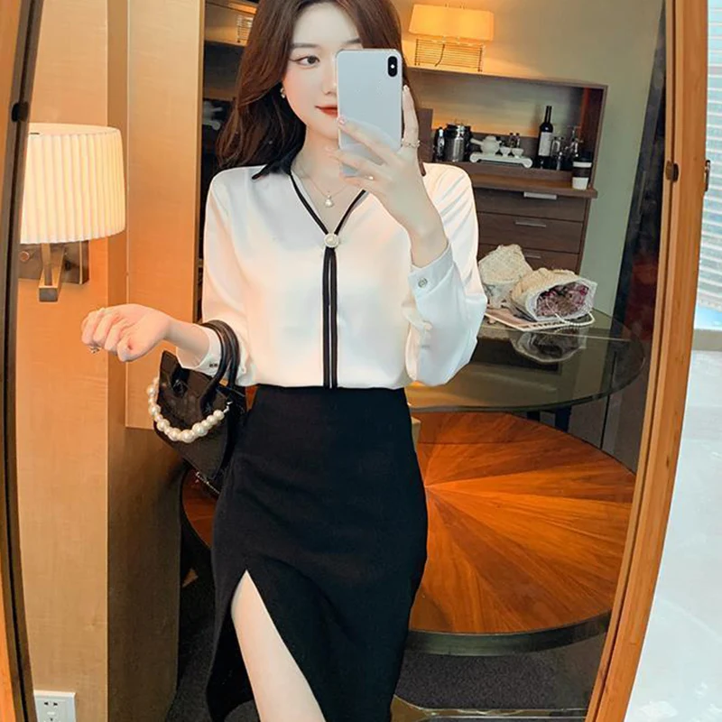 Rimocy New Elegant Blouses For Women 2024 Temperament V Neck Chiffon Shirt Top Woman Long Sleeve Pearls Commuter Blouse Mujer