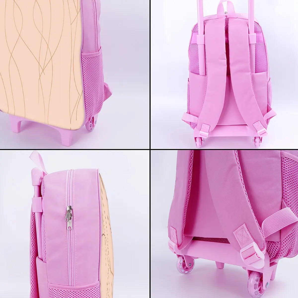 Juego de bolsas con ruedas con estampado de líneas doradas y rosas, con fiambrera, bolsa para bolígrafos con ruedas, mochila escolar con carrito para niñas y niños