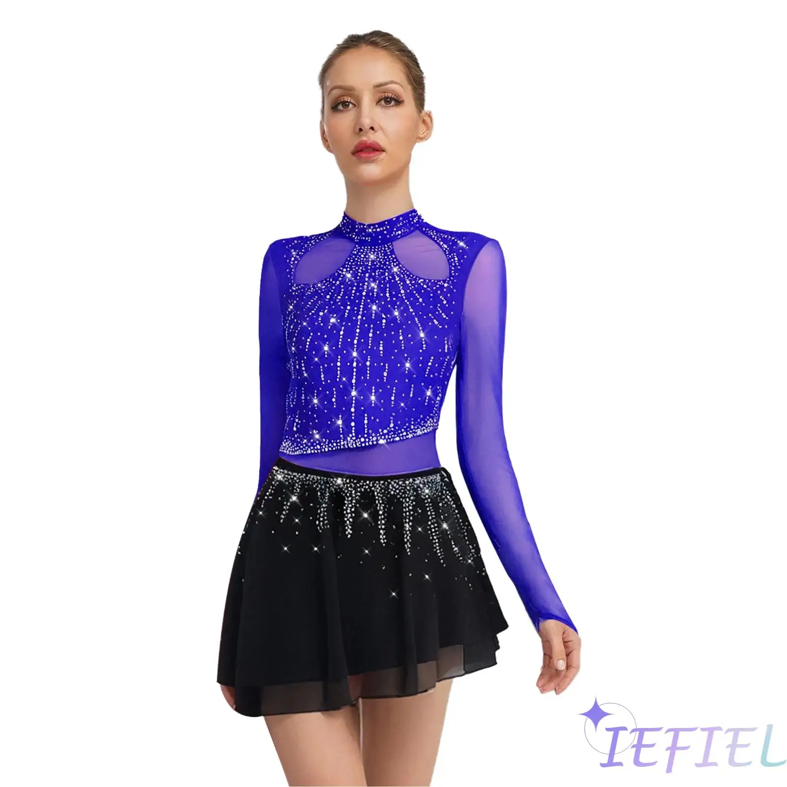 여성 리리컬 재즈 댄스 드레스 라인스톤 긴 소매 쉬폰 스커트 바디수트 피겨 스케이팅 모던 라틴 공연 댄스 드레스