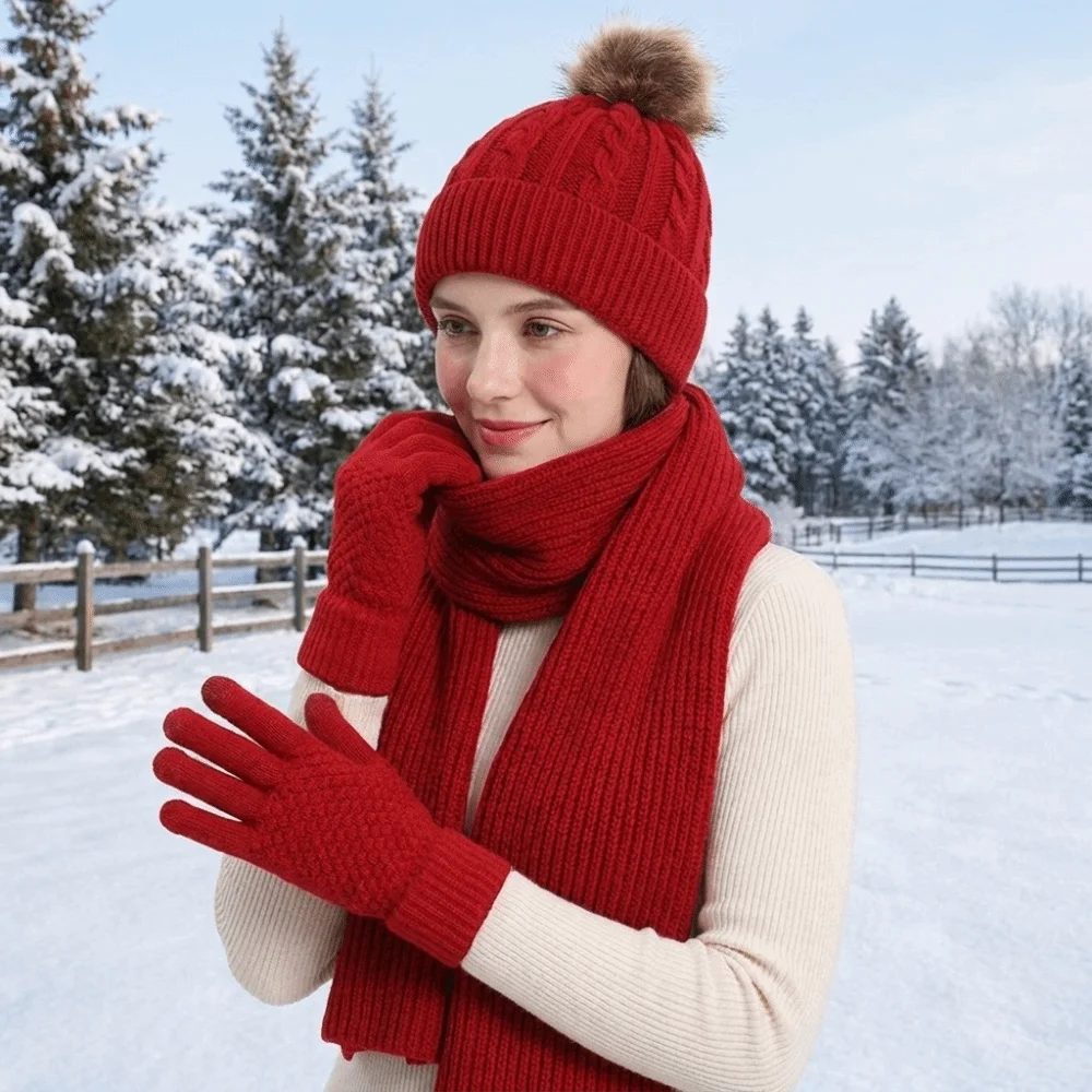 3Pcs/Set Cold Proof Scarf Hat Gloves Set Elastic Warmer Mittens Pullover Cap Touch Screen Acrylic Fibers Woolen Hat Outdoor