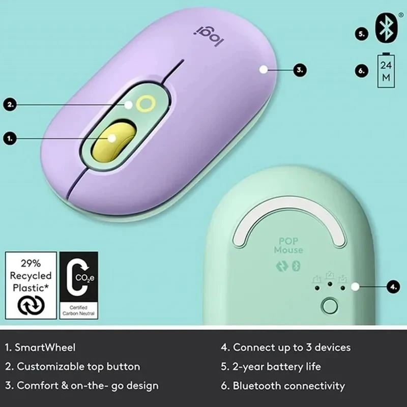 Logitech POP Wireless Mouse, Bluetooth Connection, High-value Design, Multi-device Switching, Long Battery Life, Precise Control