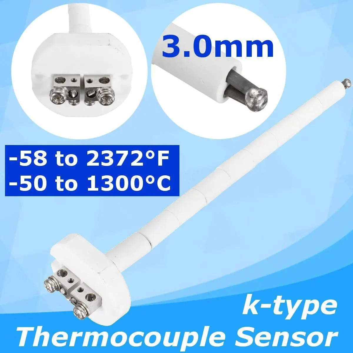 

Thermocouple Adjustable Ceramic Kiln Furnace K Type Thermocouple Sensor 2372°F 1300°C Heavy Duty 9 Gauge 3mm Probe Length