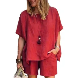 Fashion Short Sleeve Solid Two Piece Set For Women 2024 Summer Loose Causal Cotton Linen 2 Piece Set Women Tops And Shorts