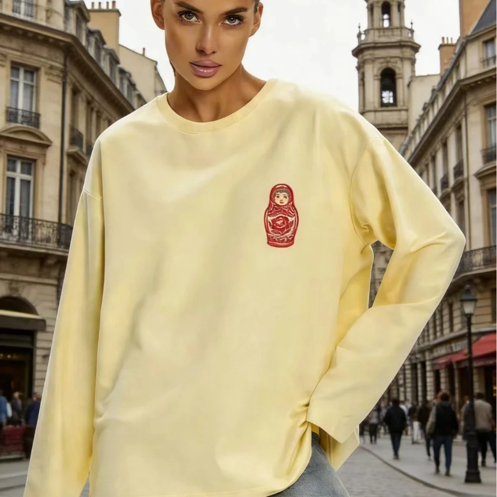 Y2K Vintage Russian Doll Graphic T Shirts Women Oversized Long Sleeve Casual T-shirt Sweet Girls Lady Streetwear Loose Y2k Top