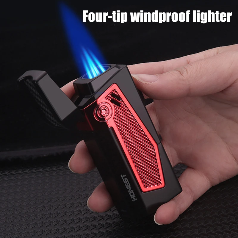 

Metal Windproof Mini Pocket Cigar Lighter 4 Jet Blue Flame Torch Cigarette Lighters with Cigar Punch Gift Box