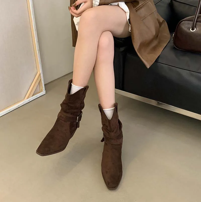 Short boots 2026 Spring and Autumn pile boots square toe thick heel belt buckle set boots for women