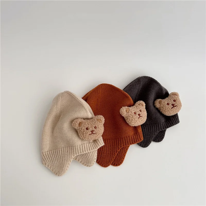 

Winter Warm Baby Knitted Pullover Hat Cute Bear Infant Ear Protection Cap Korean Toddler Woolen Crochet Bonnet 5-24M Kids Beanie