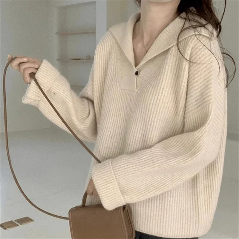 

Knitwears Autumn Winter Women Knitted Loose Sweater Long Sleeved Pullovers Solid Color Knit Tops Turn Down Collar Jumpers