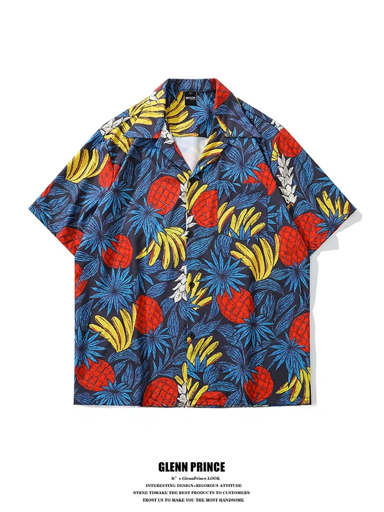 

GPstudio Thai Style Fruit Print Cuba Collar Short Sleeve Men's Hawaiian Holiday Beach Island Shirt Loose Fit Polyester Blend
