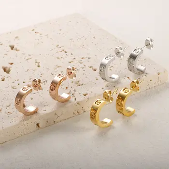 金輝奢華十字架螺絲耳釘,女士C形水晶鋯石不鏽鋼小耳環,情侶禮物,新款 10 最佳銷售 卡地亞耳環 - №3