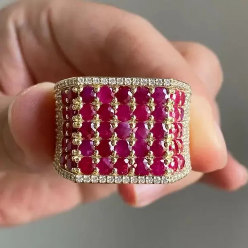 Luxury Inlaid White Red CZ Women's Ring Exquisite Gold Color Square Daily Wear Party Jewelry Anniversary Gift