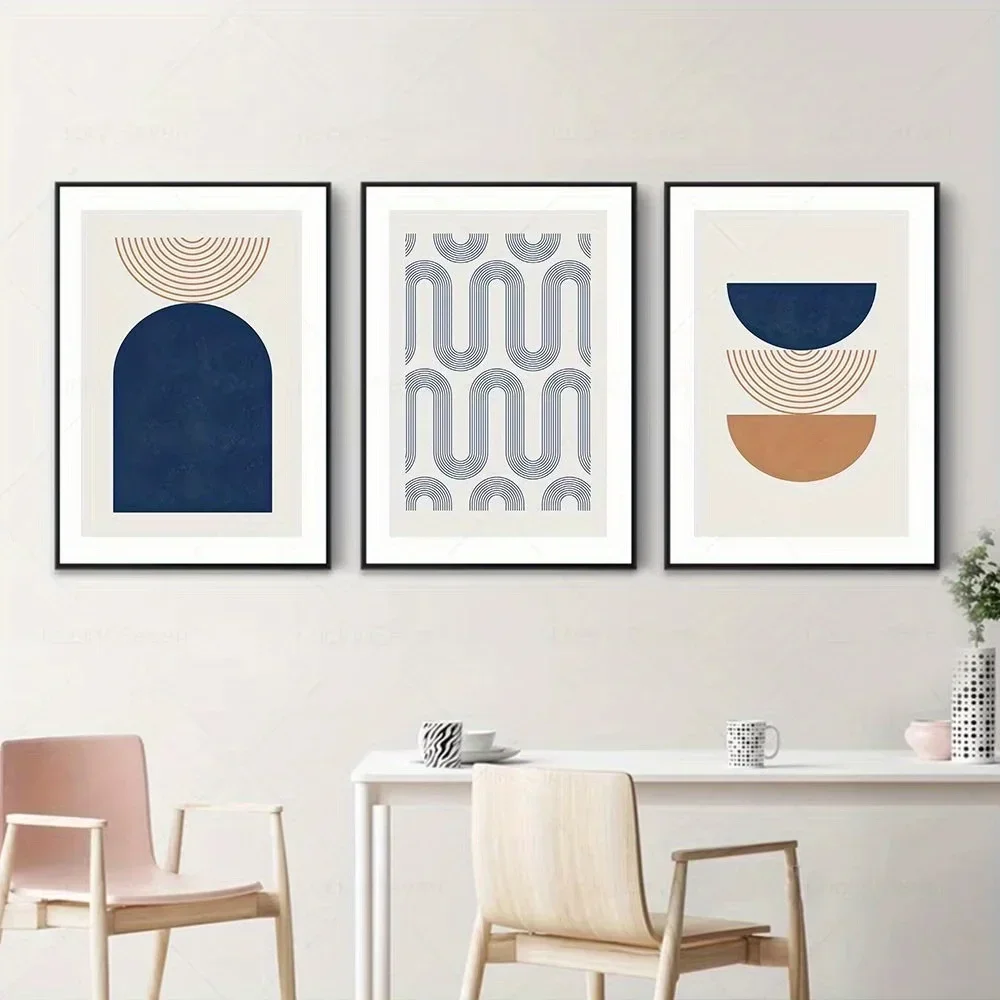 Frameless 3pcs Canvas Painting 1pc/3pcs Abstract Navy Blue Color Block Lines Modern Minimalist Wall Art Posters Prints Canvas Pa