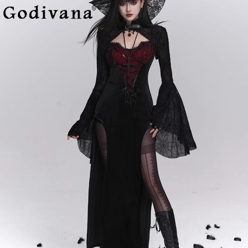 

Sexy Gothic Style Slit Strap Dress Set Women's Party Play Club Lace Halloween Outfit Female Flare Sleeve Cosplay Costumes Suits