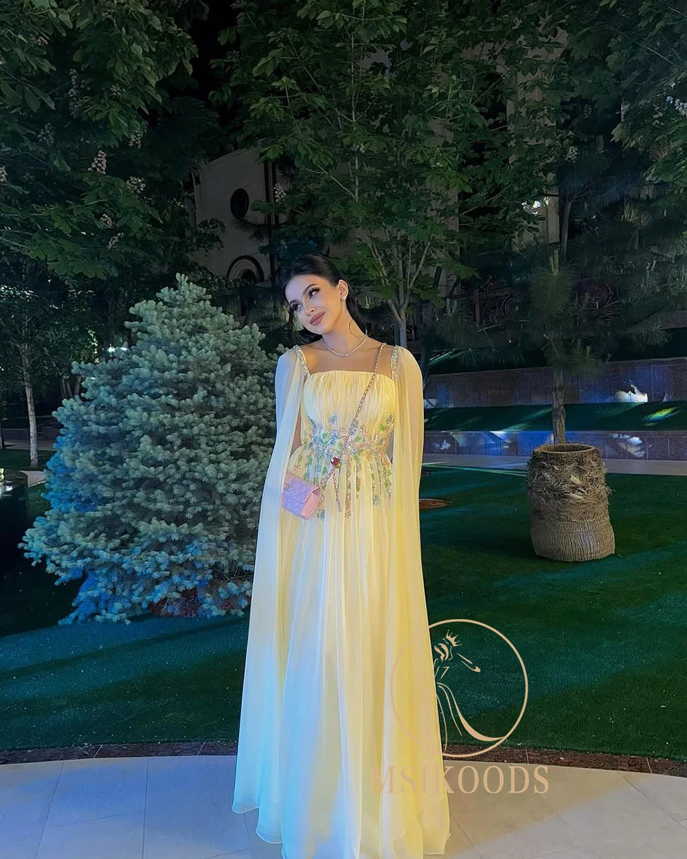 Msikoods amarelo vestidos de noite 2025 miçangas lantejoulas vestido de baile com capa vestido de festa feminino vestido de ocasião formal personalizado