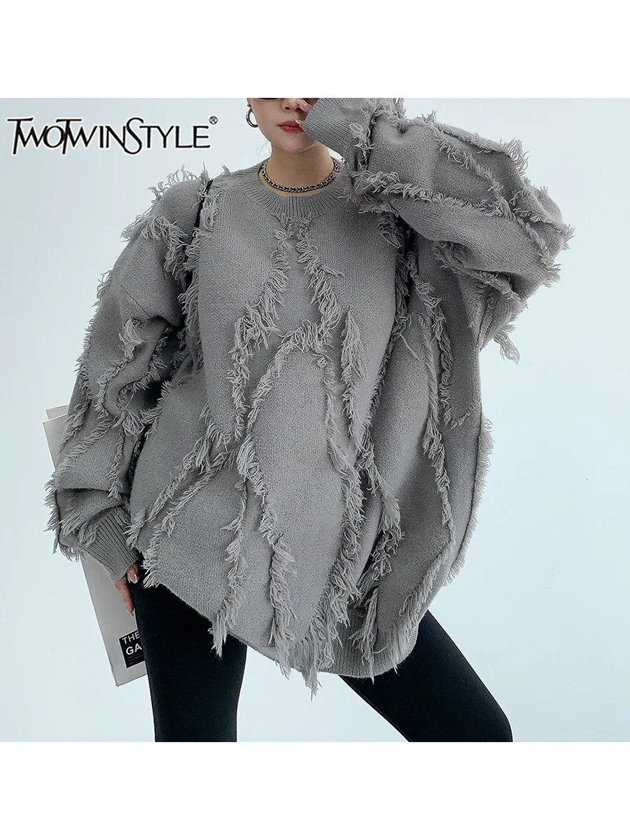 TWOTWINSTYLE Solid Patchwork Tassel Knitting Sweater For Women O Neck Long Sleeve Pullover Casual Sweaters Female Fashion Autumn