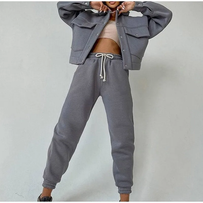 Women Casual Two Piece Sets Autumn Winter Fashion Female Warm Suits Turn-Down Collar Jacket And Drawstring Trouser Tracksuits