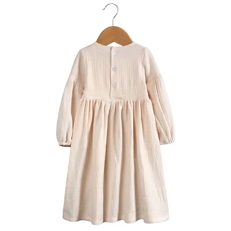 Cotton Linen Long Sleeve Dress for Girls Fashion Solid Color Kids Girl\'s Dresses Spring Autumn Children Clothing 1-6 Years