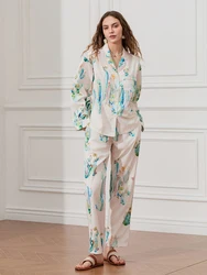 Women Fall 2pcs Pajama Set Cactus Print Long Sleeve Button Closure Shirt with Pants Sleepwear Loungewear