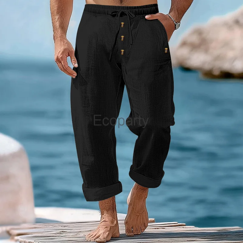 Men's Spring Autumn Casual Pants Solid Elastic Waist Drawstring Soft Trouser Retro Multi-Buttons Sweatpants Ankle-Length Pants