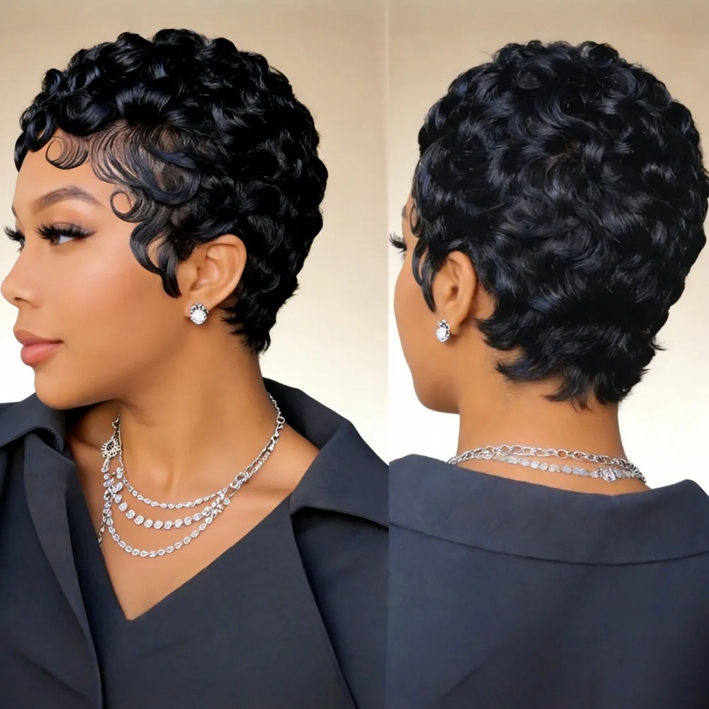 6-Inch Remy Human Hair Pixie Curly Wave Wig with Bangs | 150% Density Full Machine Made Wig, Easy To Wear for Daily Use & Partie image 5