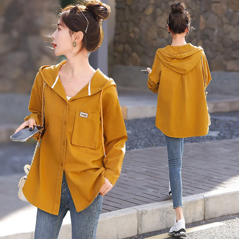 

Female Pure Colour Fashion Denim Shirt Women Take The New Korean Version Of Loose Hooded Casual Shirt Thin Coat In Spring 2024.