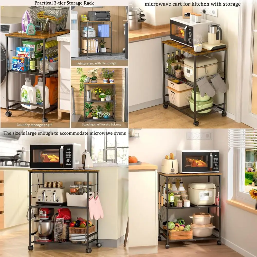 

3-Tier Microwave Cart with Storage, Lockable Wheels, Utility Table Stand for Kitchen, Living Room, or Office