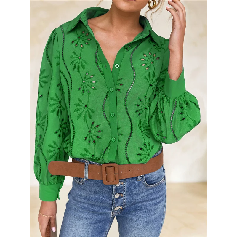 

【SEE】Womens Long Puff Sleeve Blouse V Neck Buttons Hollow Out Lace Embroidered Blouses Shirts