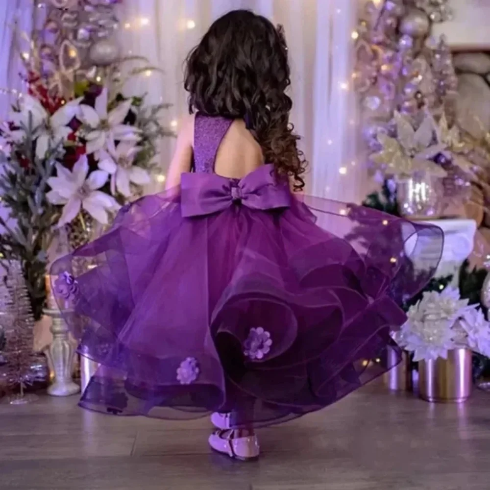 Lovely Purple Flower Girl Dresses Sleeveless Appliques Bow Tulle Kids Ankle Length Pleaqted Birthday Party Evening Wedding Gown