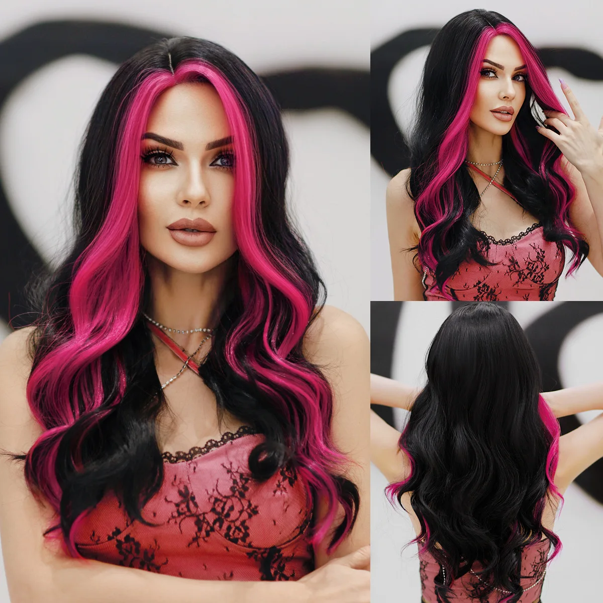 

Small lace Asian highlight dyed rose red curly hair big wavy medium wig women's full head cover natural hair seam wig