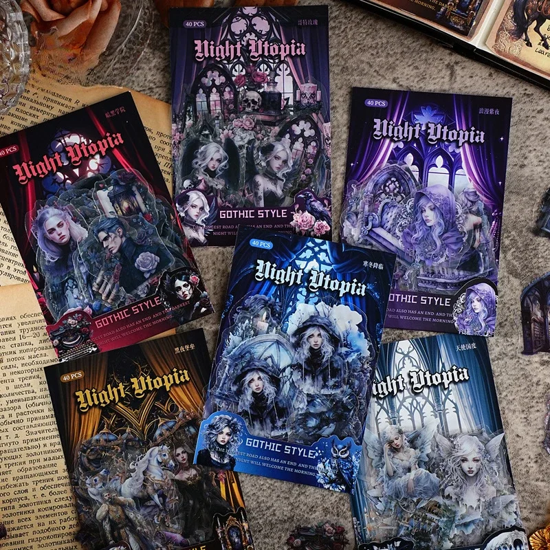 40 قطعة/الحقيبة ليلة مظلمة يوتوبيا الأسود القوطية موضوع شفاف PET ملصق حقيبة سكرابوكينغ المجلات مواد الديكور الكولاج