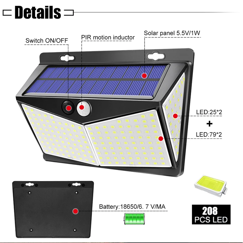 Outdoor Solar Led Lamp with Motion Detector Waterproof Solar LED Sensor Lighting for The Garden Fence Yard Garage