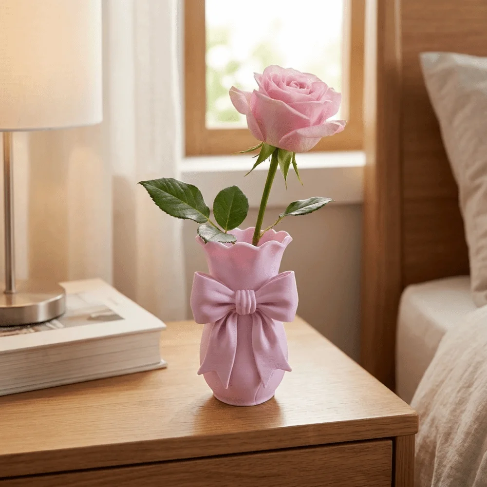Practical 3D Printed Pink Bow Flower Vases Elegant Style Decorative Dried Flower Vase Twisted Design Pen Holder Tabletop