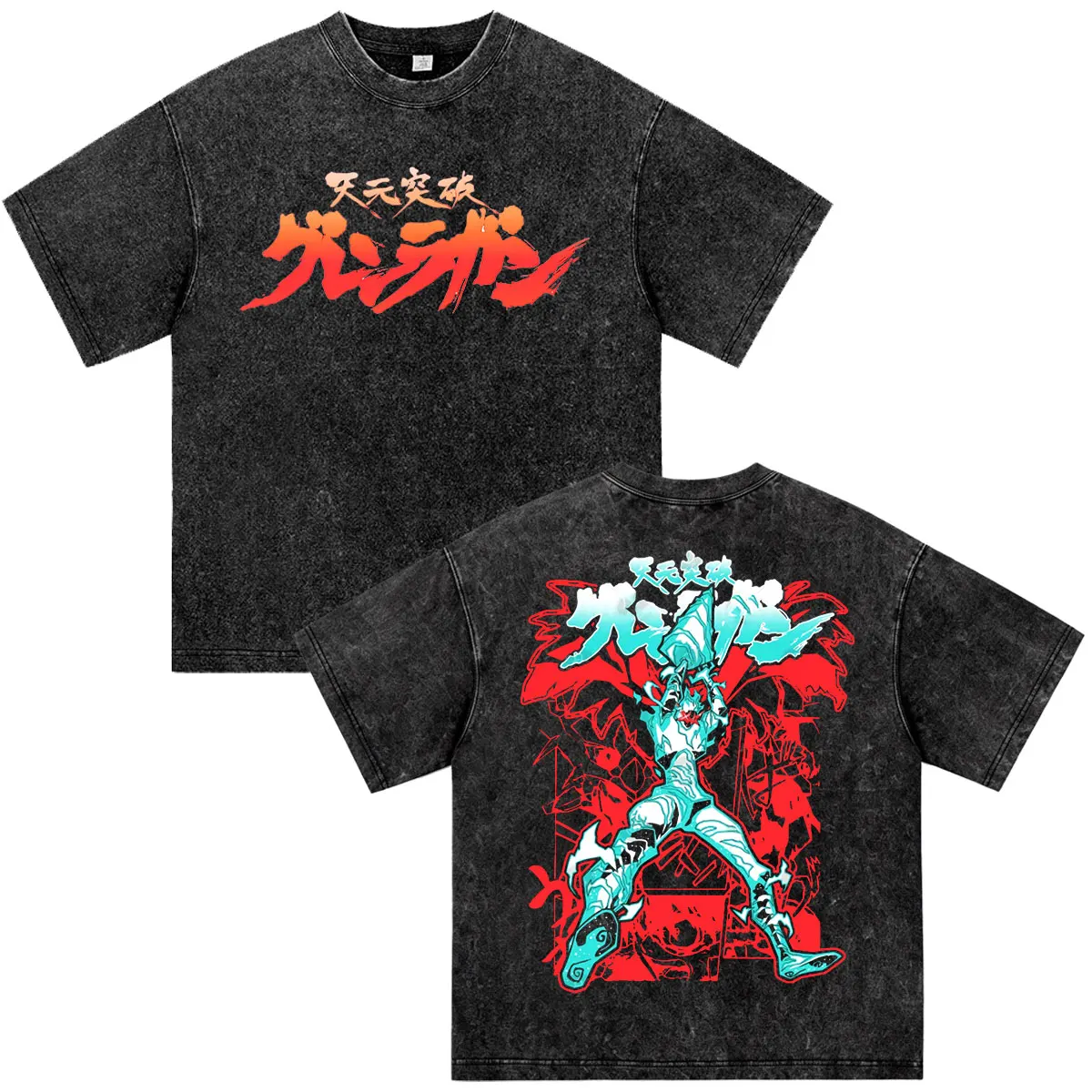 Anime Tengen Toppa Gurren Lagann Vintage Washed T Shirts Men's Women Clothing Fashion Short Sleeve Oversized T-shirts Streetwear