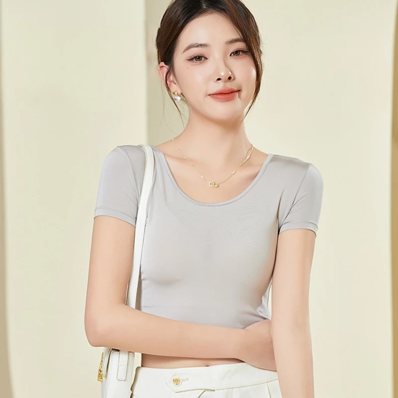 

New Spring And Summer Silk Short Sleeved T-shirt Women's Base Style Round Neck Top Solid Color Smooth Clothing For Yoga