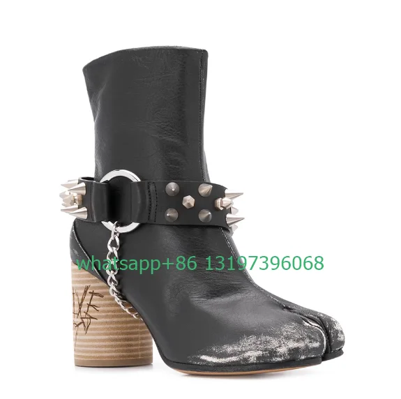 

Lady vintage split toes design style ankle boots rockrievt metal design punk boots chian retro spiked boots party shoes size 42