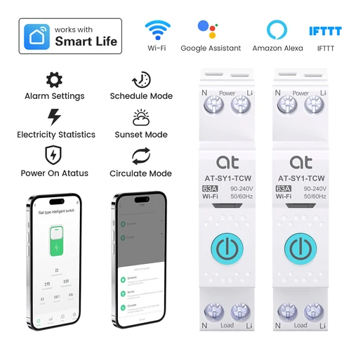Imagen 1 del producto Interruptor de disyuntor inteligente Tuya Wifi con medición 63A1P, control remoto en carril Din, módulo de temporizador de aplicación Smart Home Smart Life AT-SY1