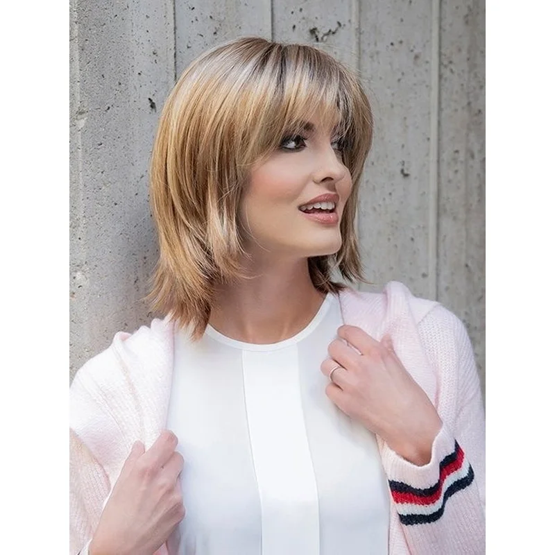 Short Golden Brown Highlight Bob Layered Bangs 100% Human Hair Lace Front Wigs